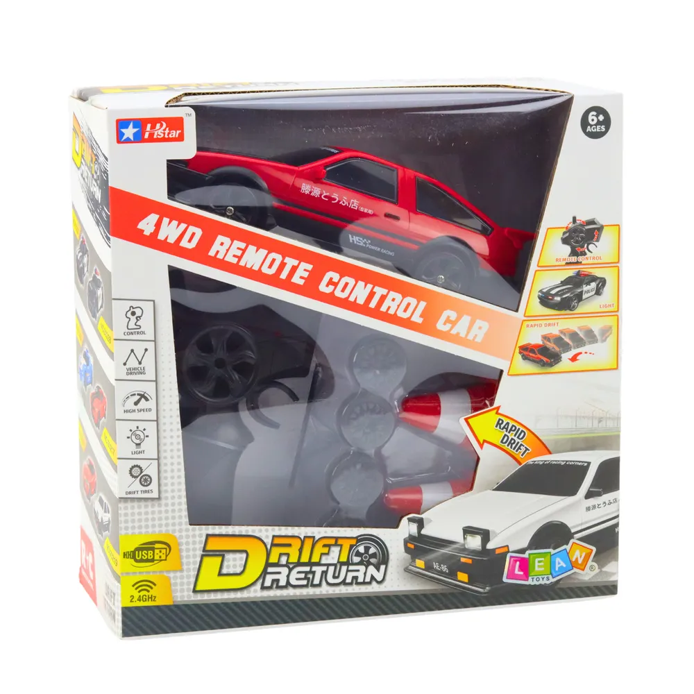 Samochód sportowy RC do driftu na tle akcesoriów zestawu