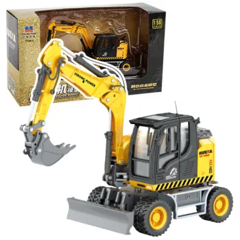 Metalowa koparka kołowa Huina 1:50 ze spychaczem w kolorze żółtym