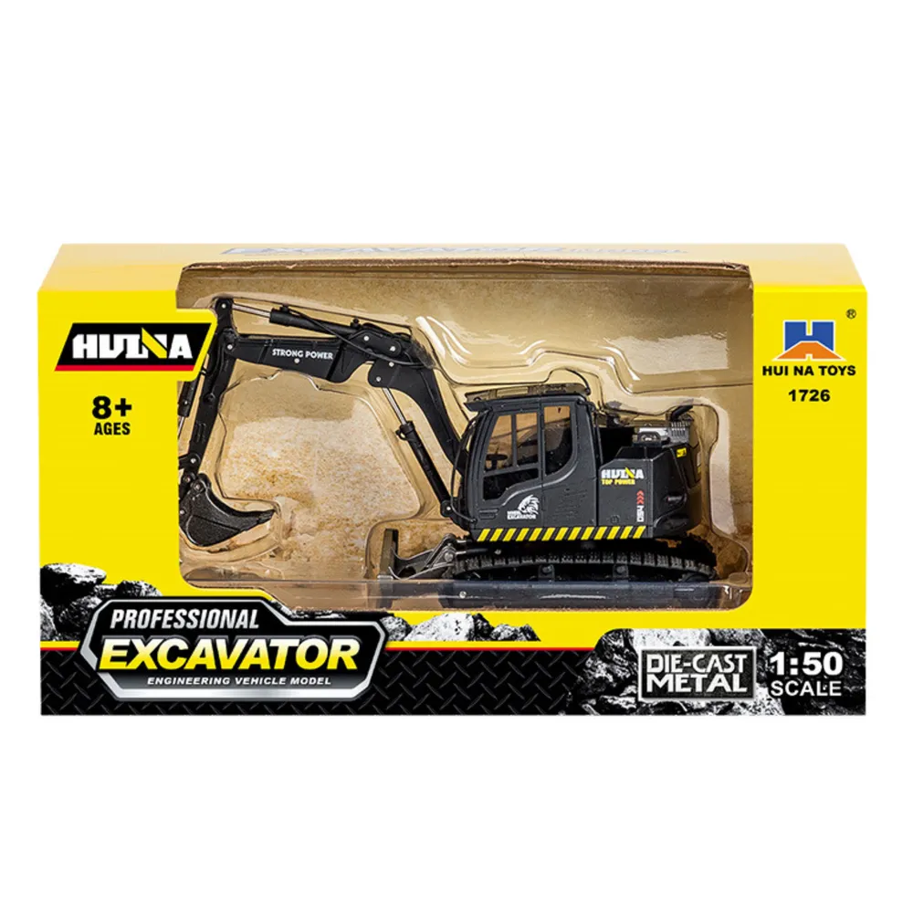 Szczegółowy model koparki budowlanej w skali 1:50, czarny kolor, gumowe gąsienice