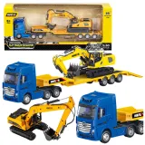 Model ciężarówki z naczepą i koparką Huina 1:50 w kolorze żółtym