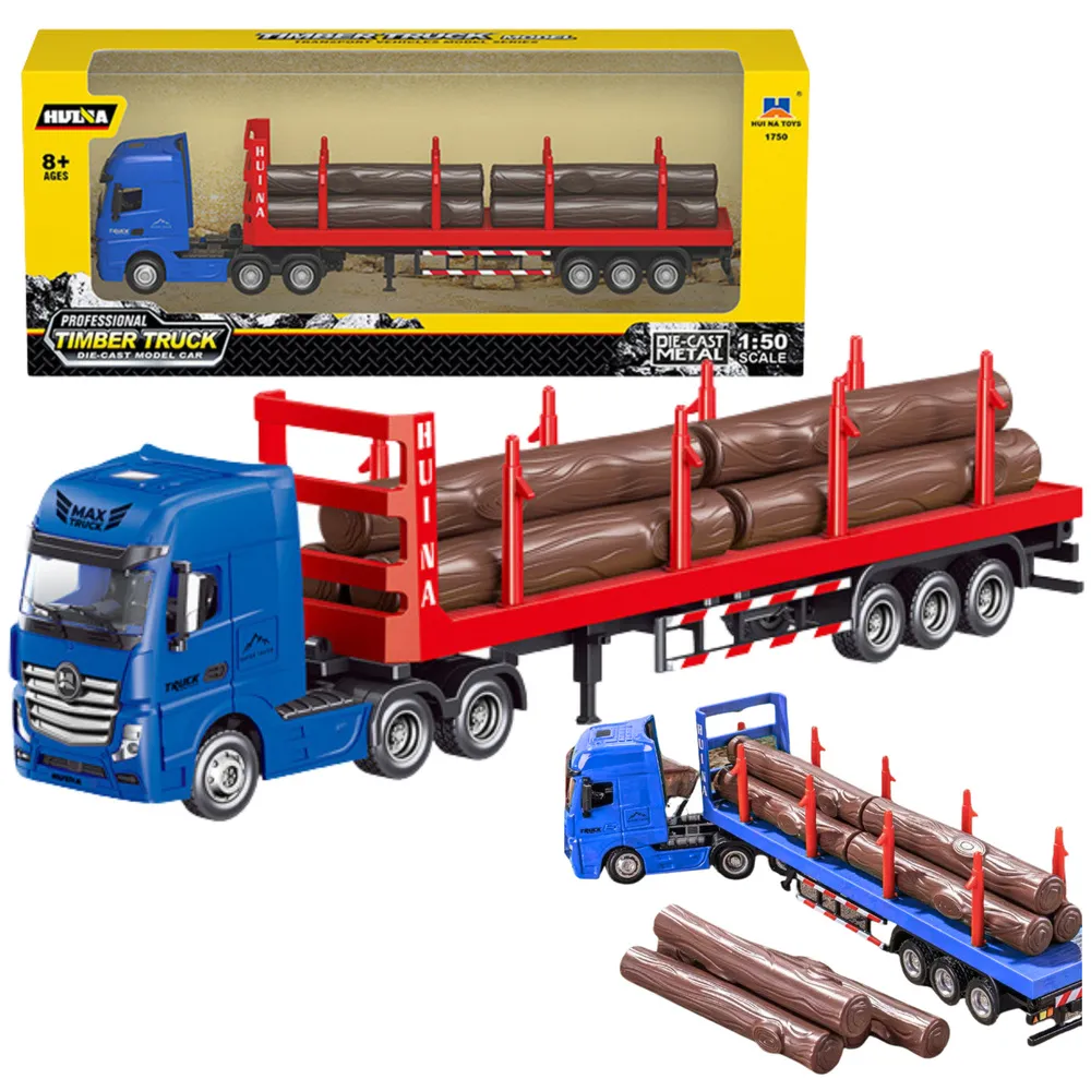 Metalowa ciężarówka Huina 1:50 z czerwoną kabiną i naczepą do drewna