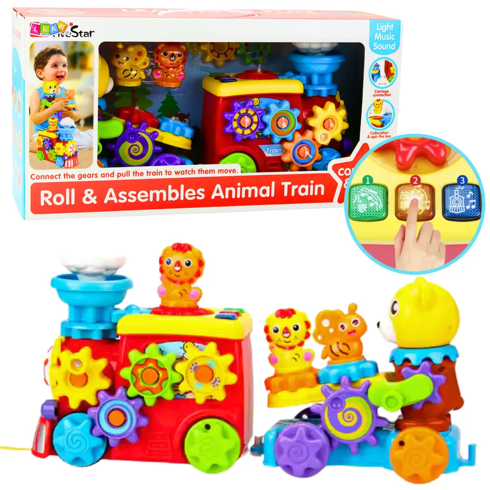 Kolorowy interaktywny pociąg muzyczny z misiem i kołami zębatymi dla dzieci