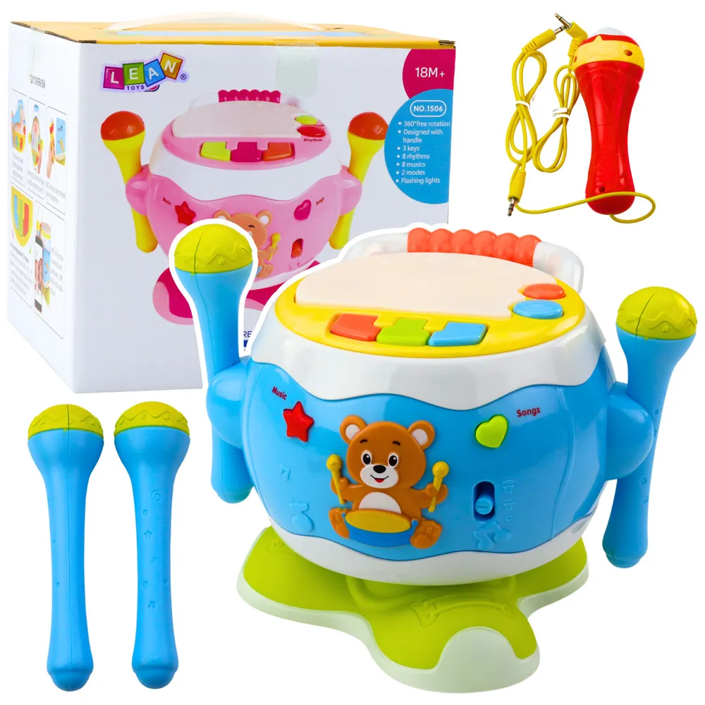Niebieski interaktywny bębenek muzyczny z mikrofonem dla dzieci