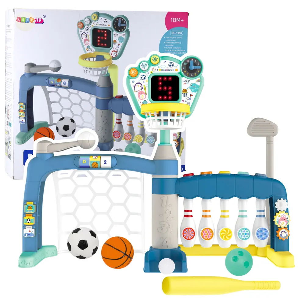 Zestaw sportowy 5w1 z tablicą LED do piłki nożnej, koszykówki i kręgli