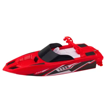 Łódź motorowa z pilotem do zdalnego sterowania na tle akwenu