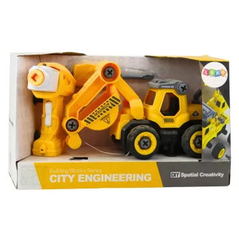 Elementy zestawu: koparka, wkrętarka RC, śrubokręt oraz baterie