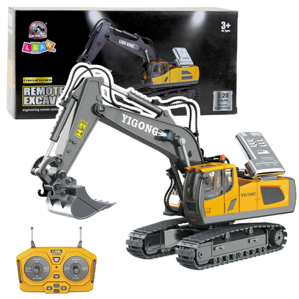 Zdalnie sterowana koparka RC żółta w skali 1:20 na gąsienicach