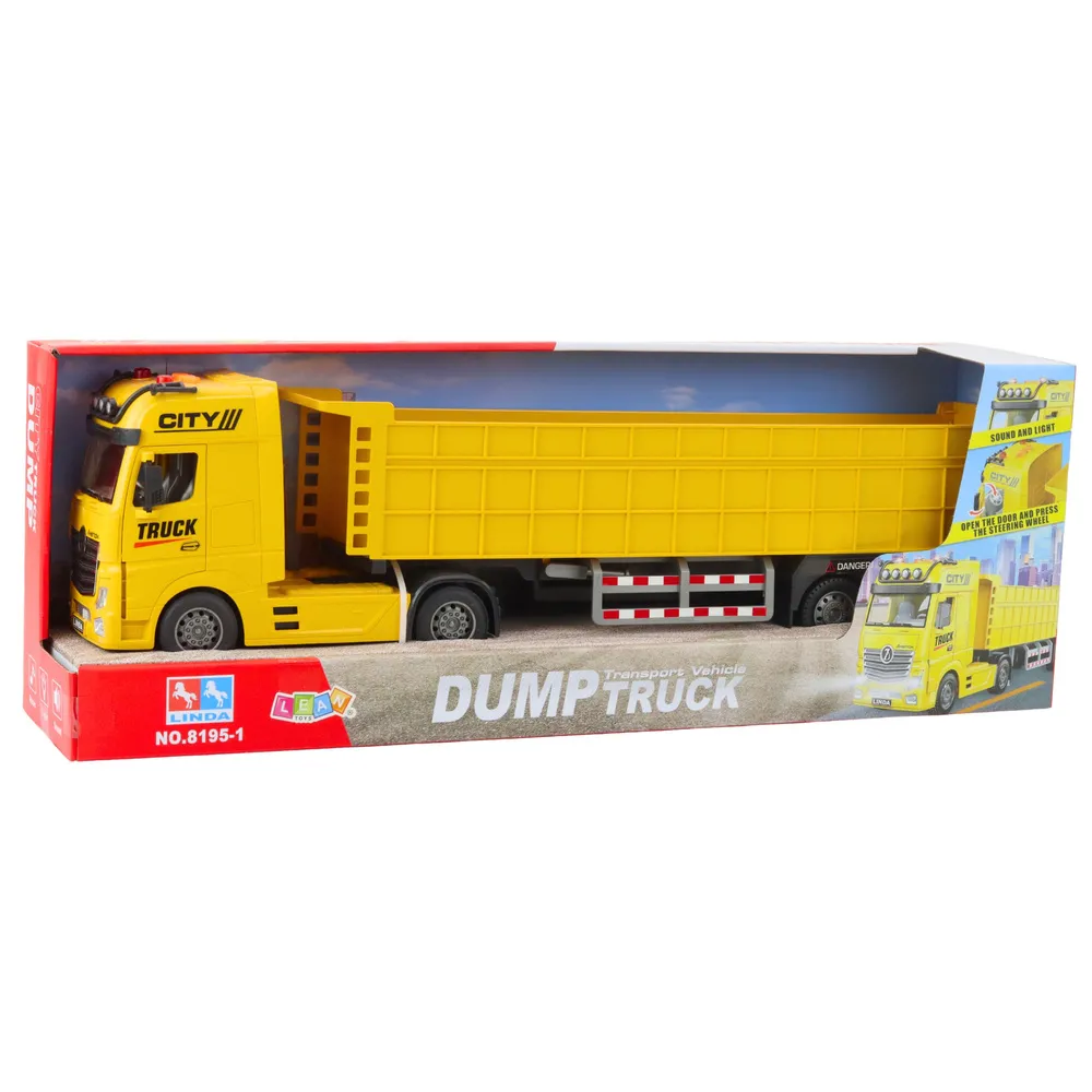 Duża żółta ciężarówka z podnoszoną naczepą widok z boku