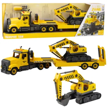 Żółta ciężarówka laweta z koparką gąsienicową do składania DIY