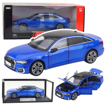 Metalowy model Audi A6 L 1:18 w niebieskim kolorze z akcesoriami