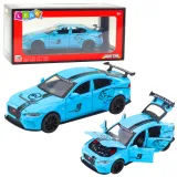 Metalowy samochód Jaguar niebieski z efektami świetlnymi na białym tle