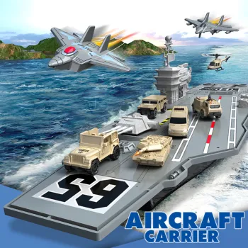 zestaw militarny dla dzieci: lotniskowiec, myśliwce, czołgi i pojazdy