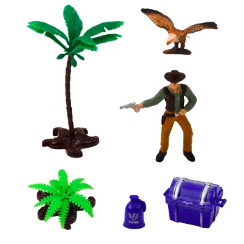 Figurki kowbojów, orła, skrzyni i beczki na amerykańskiej prerii