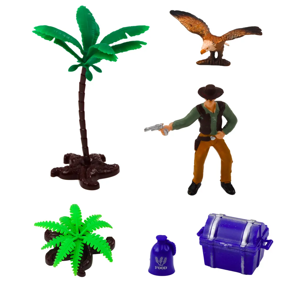 Figurki kowbojów, orła, skrzyni i beczki na amerykańskiej prerii