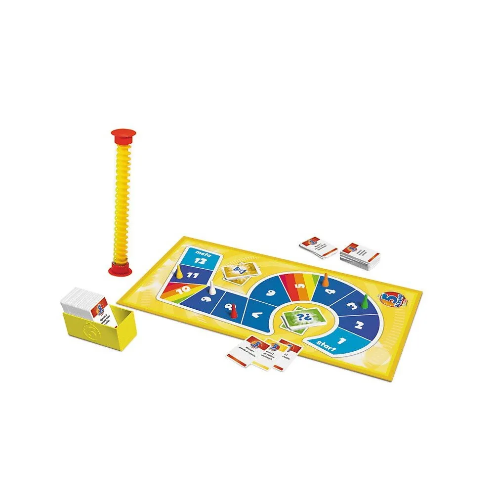 Elementy gry rodzinnej 5 sekund Junior – pionki, karty i czasomierz