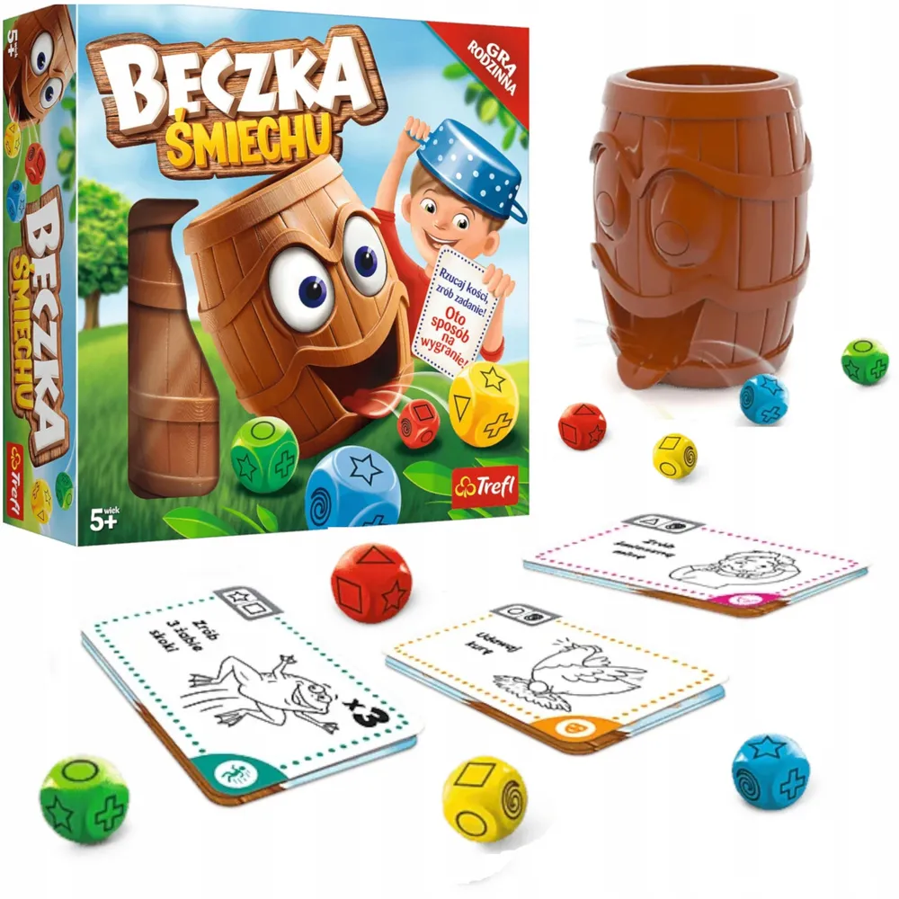 Gra Beczka śmiechu Trefl 01908 z akcesoriami na białym tle