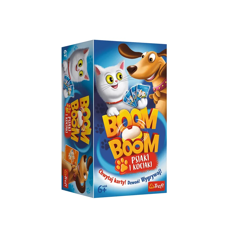 Dzieci i rodzina grająca w Boom Boom Psiaki i Kociaki marki Trefl