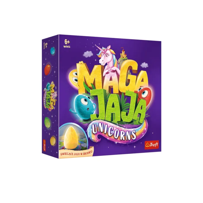 Cztery świecące jajka i żetony na tle rozgrywki Magajaja Unicorns