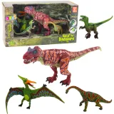 Zestaw czterech figurek dinozaurów z ruchomymi elementami na białym tle