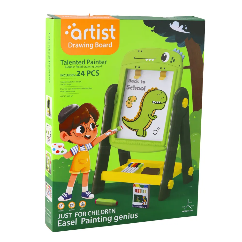 Magnetyczna tablica dinozaur na stojaku z kredą, markerami i kolorowymi magnesami