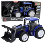 Niebieski traktor rolniczy z ruchomą łyżką na baterie w skali 1:10
