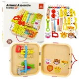 Drewniany zestaw majsterkowicza w walizce z akcesoriami do skręcania zwierząt