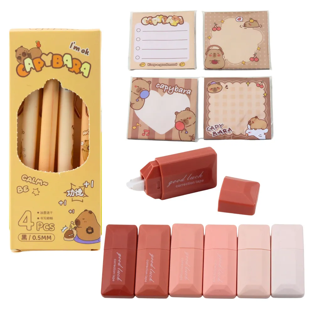 Akcesoria do piórnika z kapibarą: długopisy, korektory, naklejki oraz klipsy