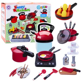 Zestaw kuchenny 36 elementów dla dzieci z garnkami i płytą na baterie