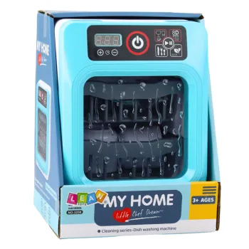 Zestaw naczyń z niebieską zabawkową zmywarką dla najmłodszych