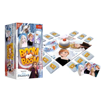 Elementy gry Boom Boom Kraina Lodu II: plansza, karty, dzwonek i instrukcja