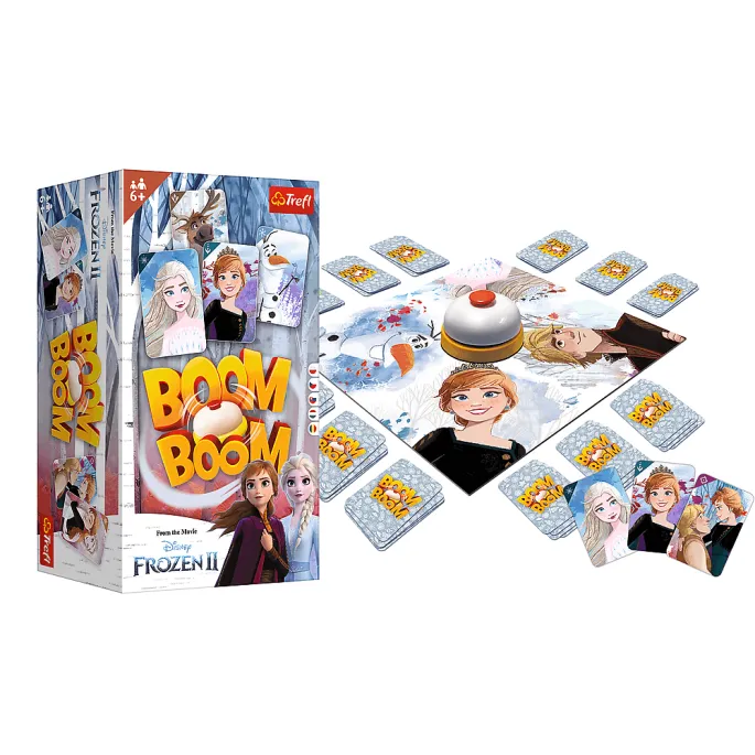 Elementy gry Boom Boom Kraina Lodu II: plansza, karty, dzwonek i instrukcja