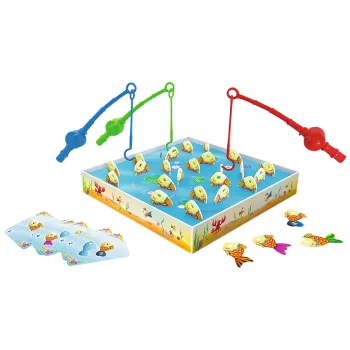 Elementy gry planszowej: rybki, wędki i karty zadań