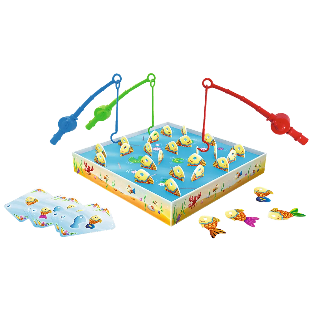 Elementy gry planszowej: rybki, wędki i karty zadań