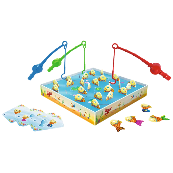 Elementy gry planszowej: rybki, wędki i karty zadań