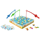 Elementy gry planszowej: rybki, wędki i karty zadań