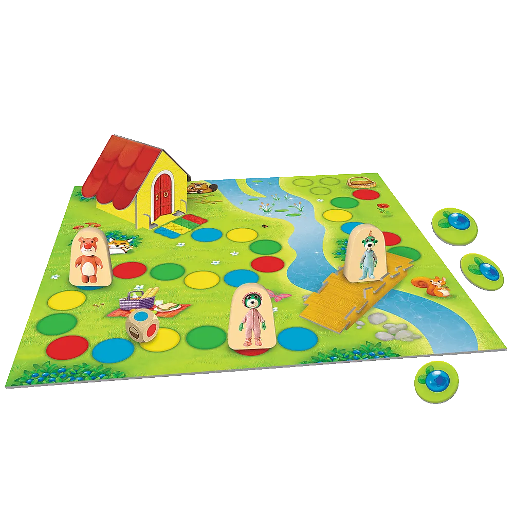 Duża drewniana kostka i pionki z gry edukacyjnej Bobaski i Miś