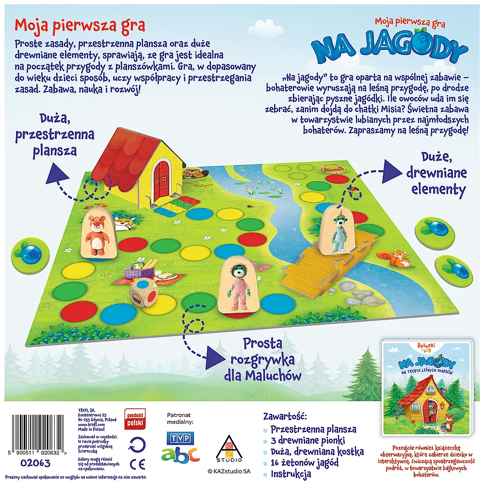 Opakowanie gry planszowej Na Jagody z postaciami Rodziny Treflików