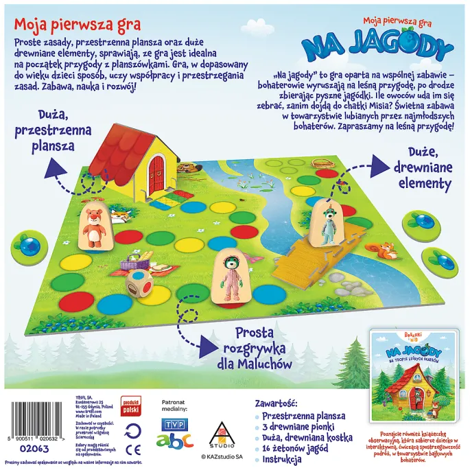 Opakowanie gry planszowej Na Jagody z postaciami Rodziny Treflików