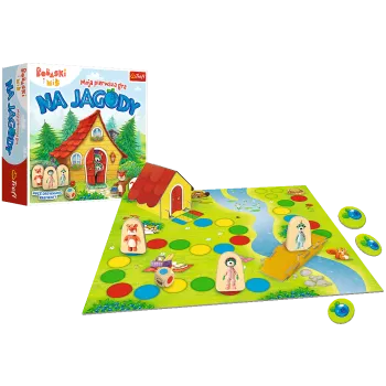 Zawartość pudełka gry: plansza, pionki, żetony jagód i instrukcja