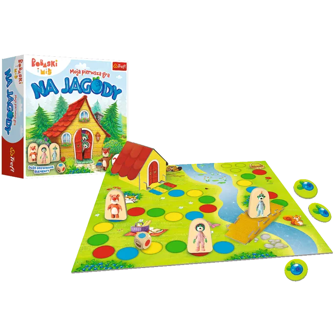 Zawartość pudełka gry: plansza, pionki, żetony jagód i instrukcja