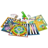 Elementy zestawu Kalejdoskop Trefl: karty, kości i katapulty do gier