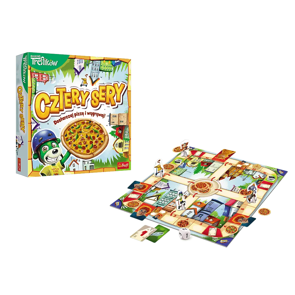Elementy gry Cztery Sery z kultowymi postaciami z Rodziny Treflików