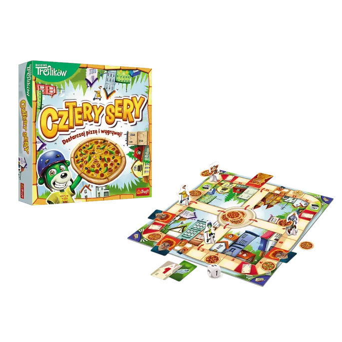Elementy gry Cztery Sery z kultowymi postaciami z Rodziny Treflików