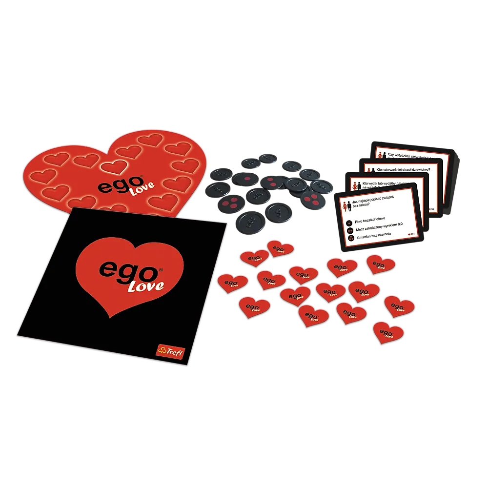 Opakowanie gry towarzyskiej Ego Love z widocznymi akcesoriami