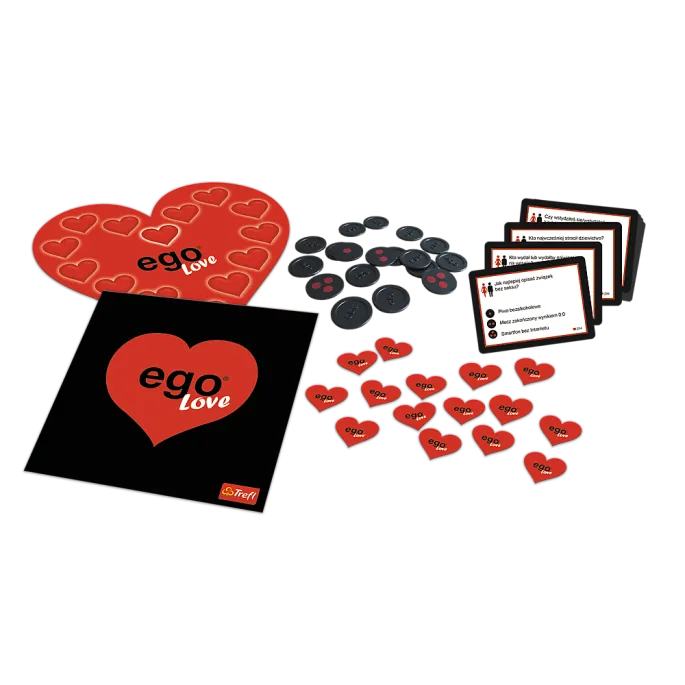Opakowanie gry towarzyskiej Ego Love z widocznymi akcesoriami