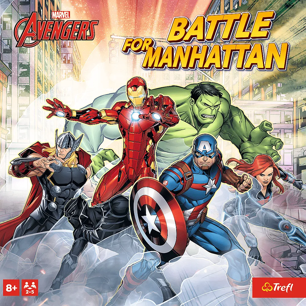 Zbliżenie na bohaterów i planszę gry Avengers Battle for Manhattan