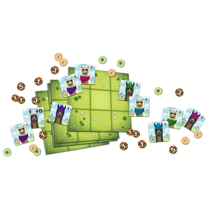 Karty zwierząt z gry Lamy i Alpaki ułożone na planszy