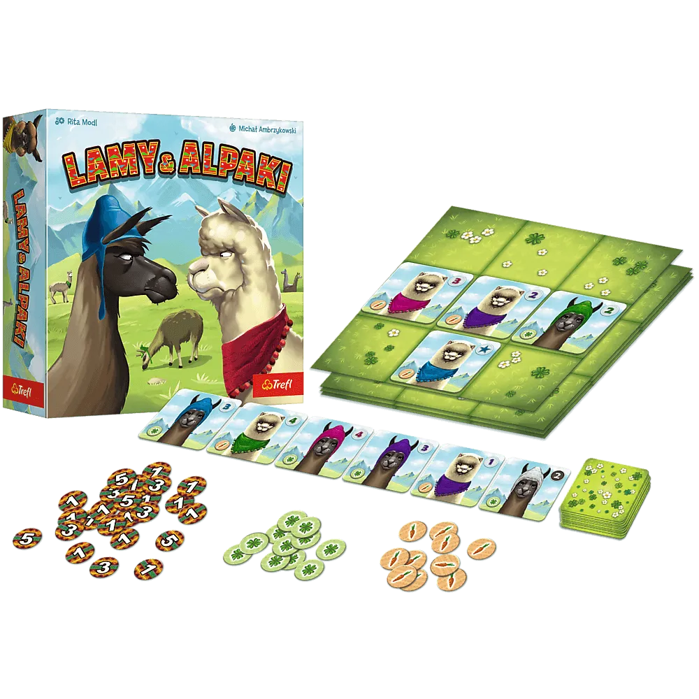 Elementy gry planszowej Lamy i Alpaki rozłożone na stole