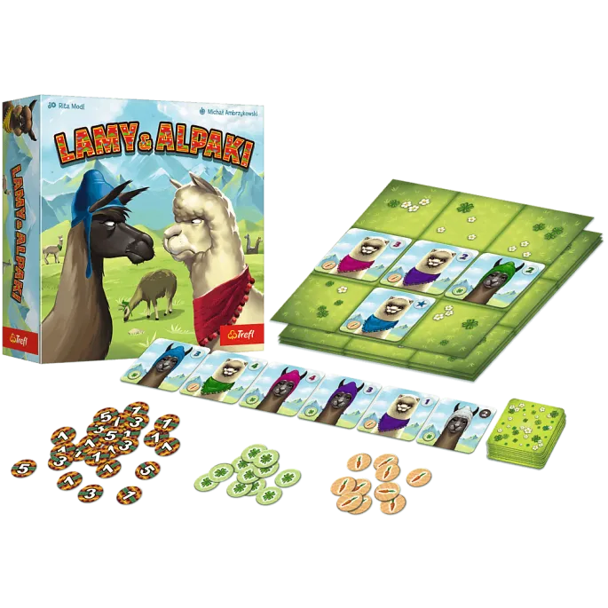 Elementy gry planszowej Lamy i Alpaki rozłożone na stole