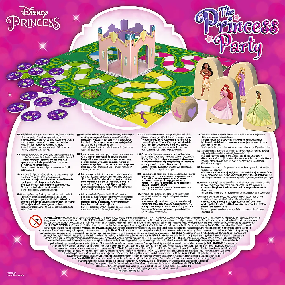 Zbliżenie na karty i pionki z gry The Princess Party Disney
